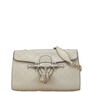 Gucci Guccissima Emily Horsebit Chain Shoulder Bag Ivory White Beige Tan Leather